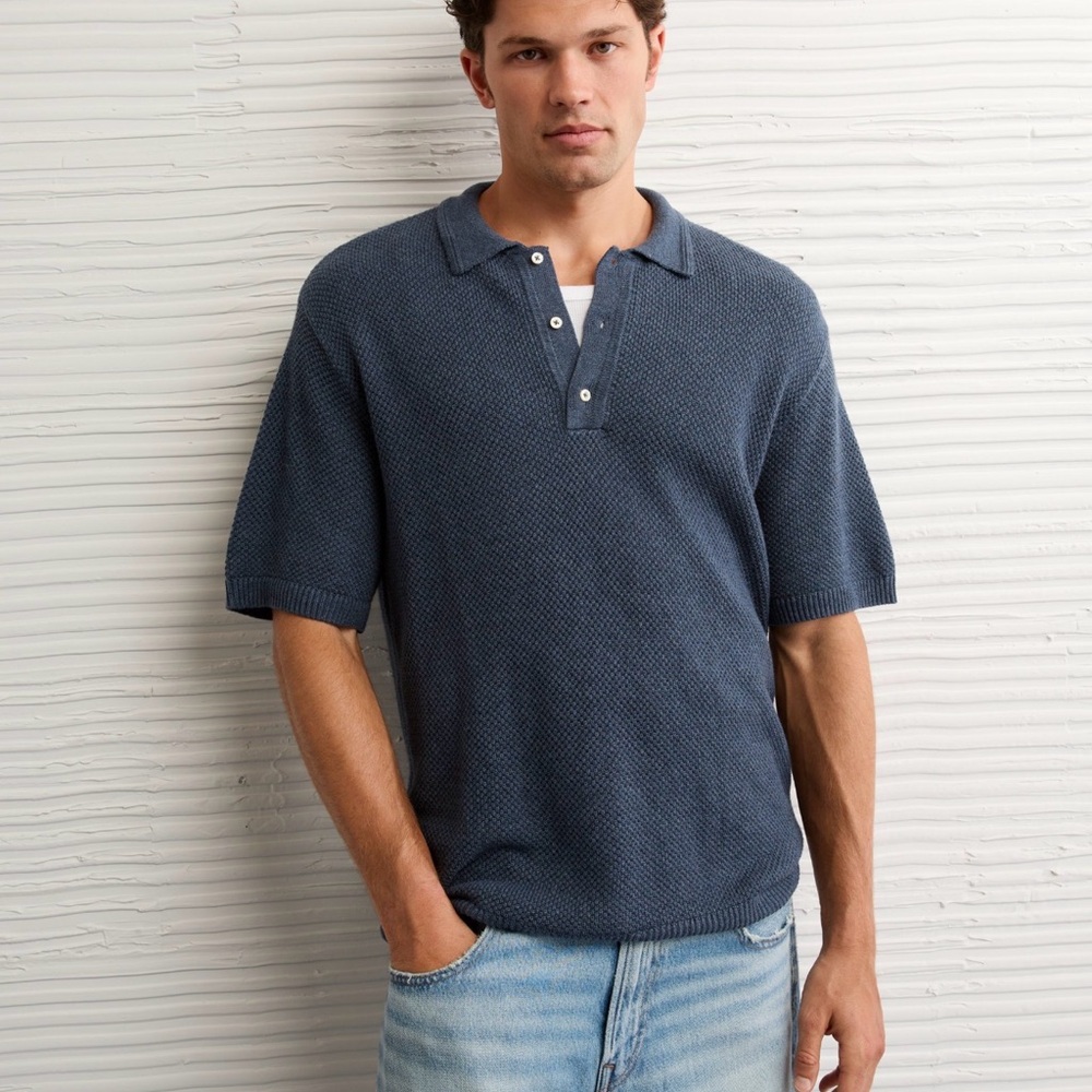 American Eagle Blue Textured Polo Shirt | Men’s Classic Short Sleeve Polo